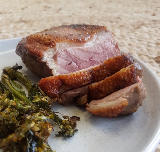 Super Simple Salt and Pepper Crispy Duck Breast With Roasted Broccolini