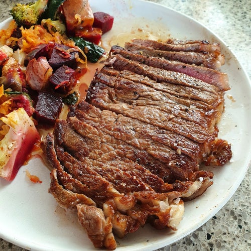 Herb Rubbed Porterhouse Steak With Kimchi Veggie Tray Bake